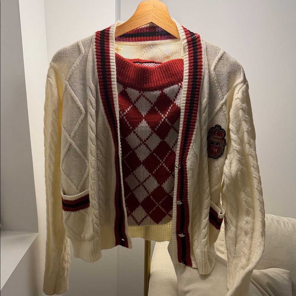 Cider Women's Cream and Red Argyle Sweater Set